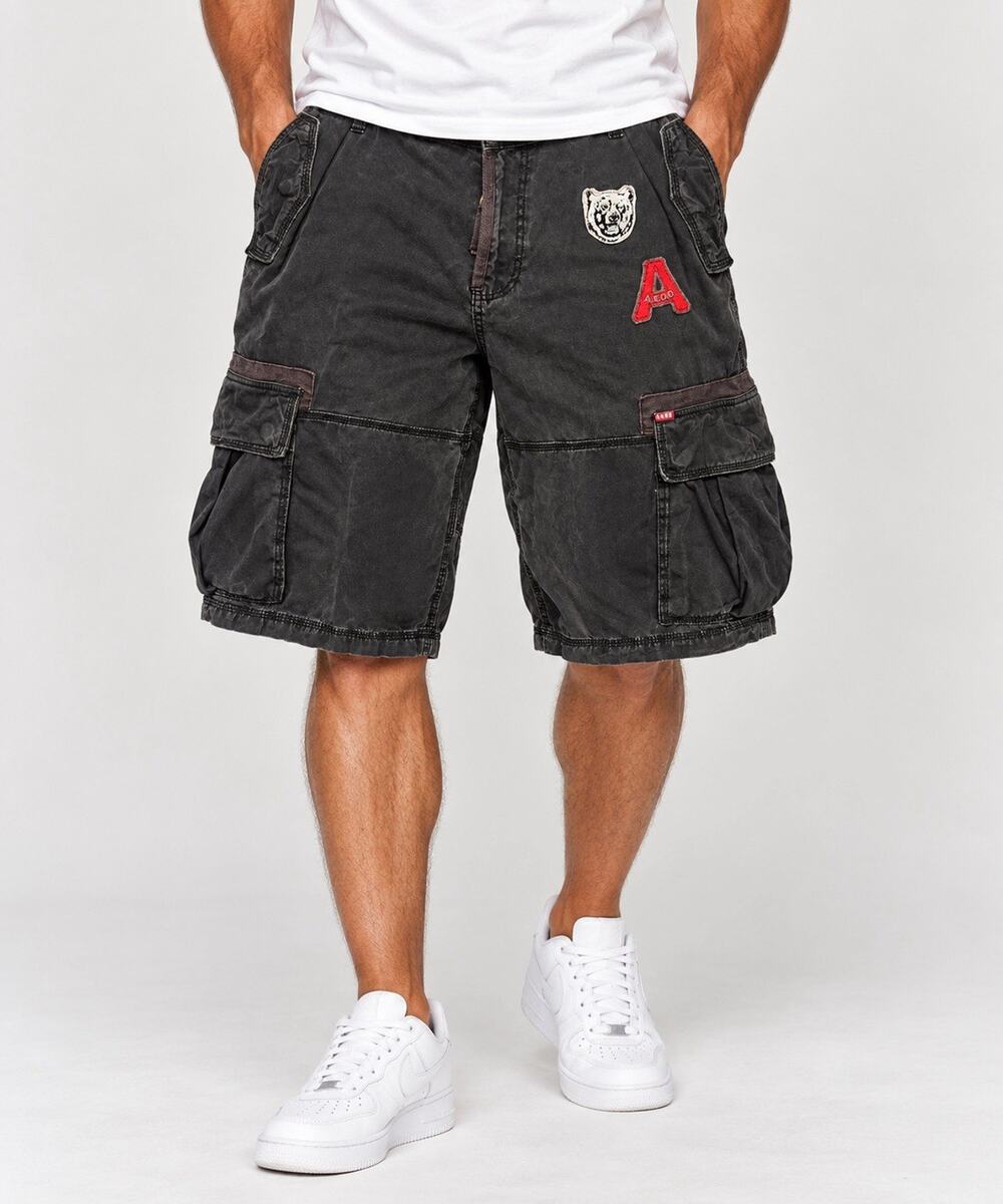 AKOO Mens Cargo Shorts Size 38 Black Patchwork Bear Embroidered Hip Hop Y2K